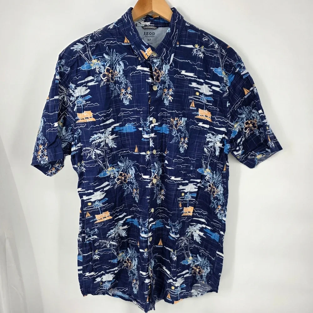 IZOD Saltwater‎ Tropical Scenic Button Down Shirt Mens XLT Blue Short Sleeve